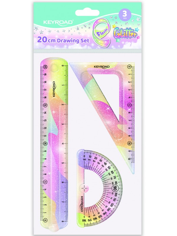 SET DE GEOMETRIA FLEXIBLE PASTEL GLITTER 3 PIEZAS KEYROAD